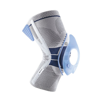 A Bauerfeind GenuTrain P3 knee brace with a blue and gray design, featuring a supportive gel pad around the kneecap.