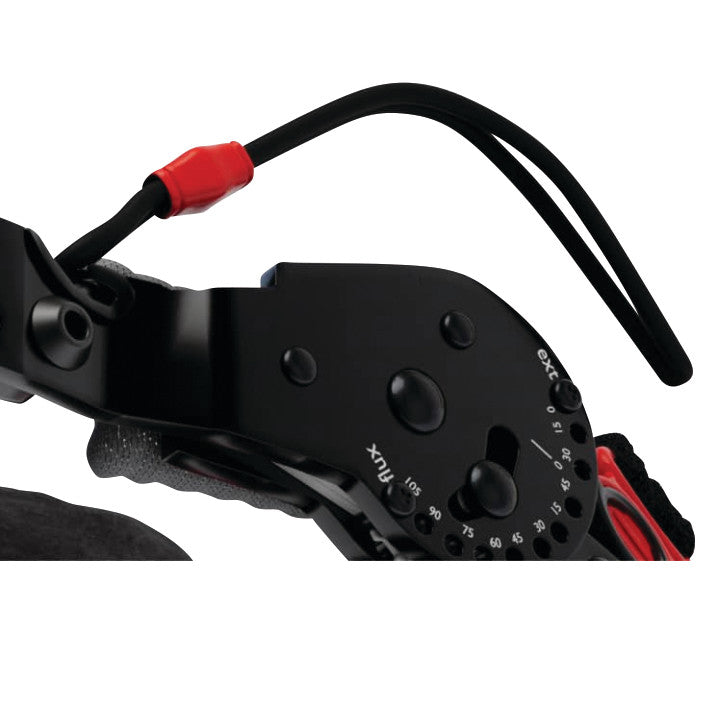 Close-up of the Sport Rehabilitator Knee Brace, showing its black metal hinge with adjustable settings and a red cable.