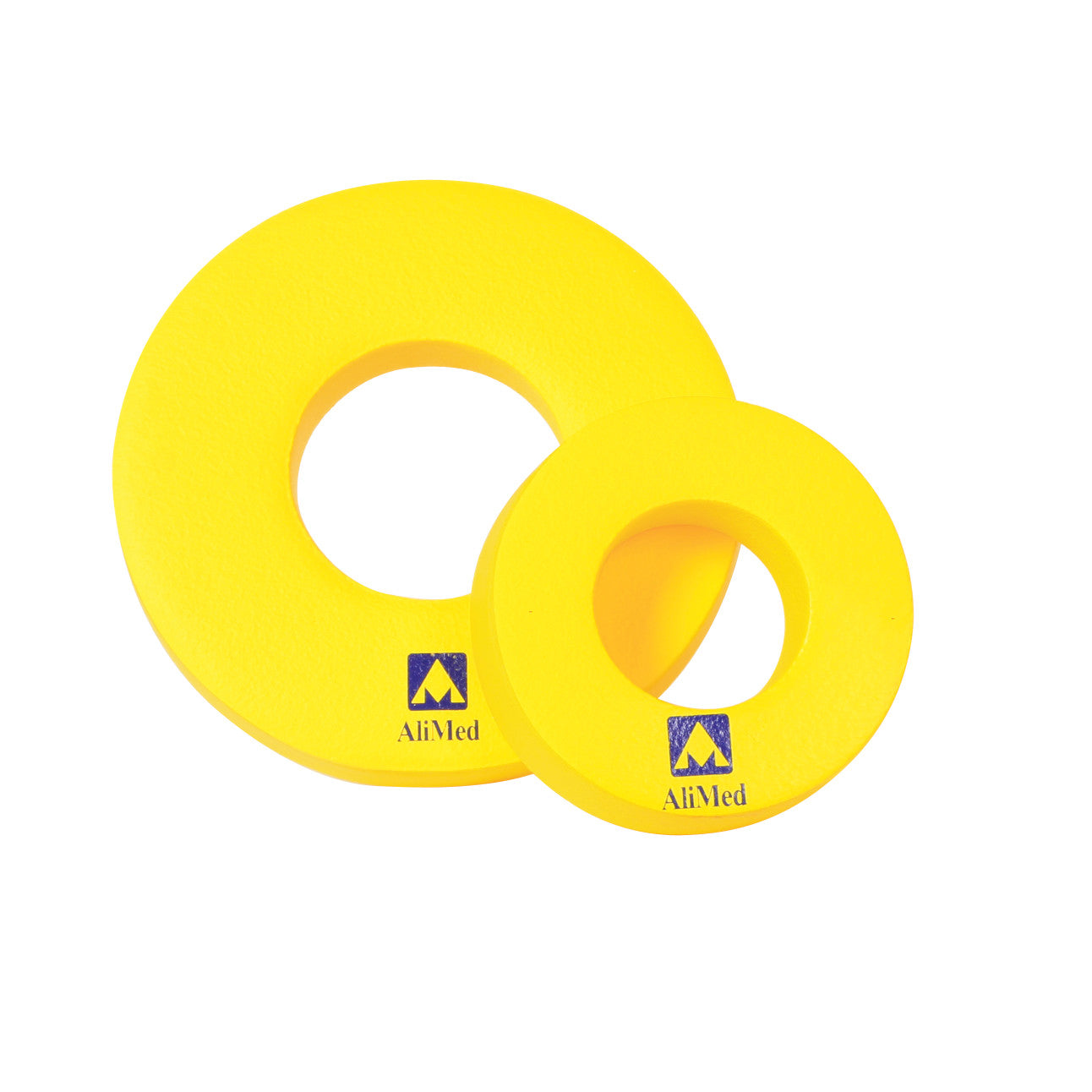 Two yellow AliMed Protecta-Coat Head Donuts, small and large, with logo, designed for medical or therapeutic use.