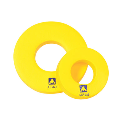 Two yellow AliMed Protecta-Coat Head Donuts, small and large, with logo, designed for medical or therapeutic use.