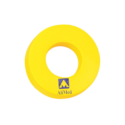 An AliMed Protecta-Coat Head Donut, a bright yellow foam ring with a central hole, featuring the AliMed logo.