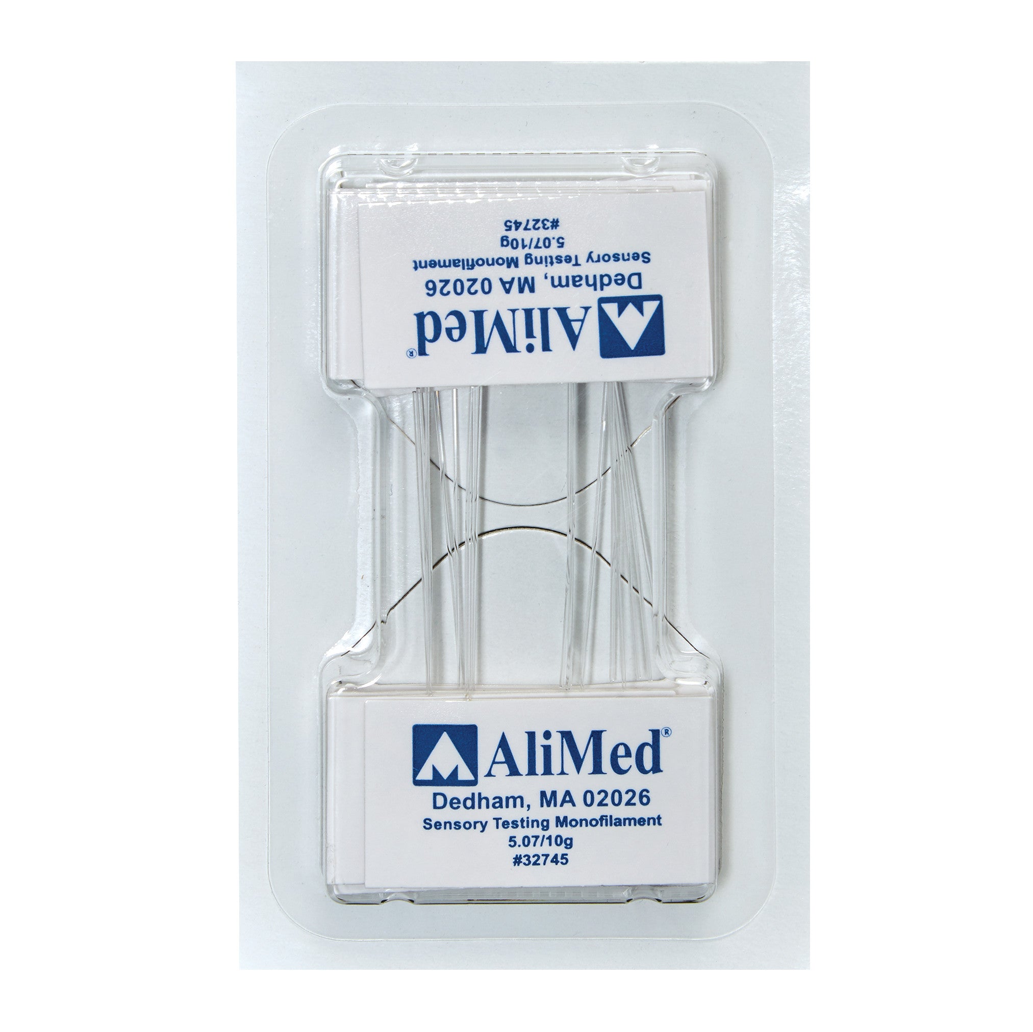 Packaging of AliMed Disposable Monofilament sensory testing tool, showing the product encased in clear plastic with labeling.