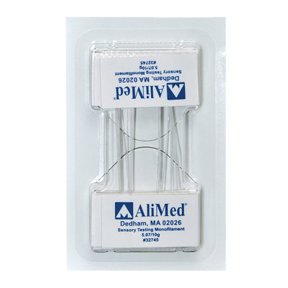 Packaging of AliMed Disposable Monofilament sensory testing tool, showing the product encased in clear plastic with labeling.