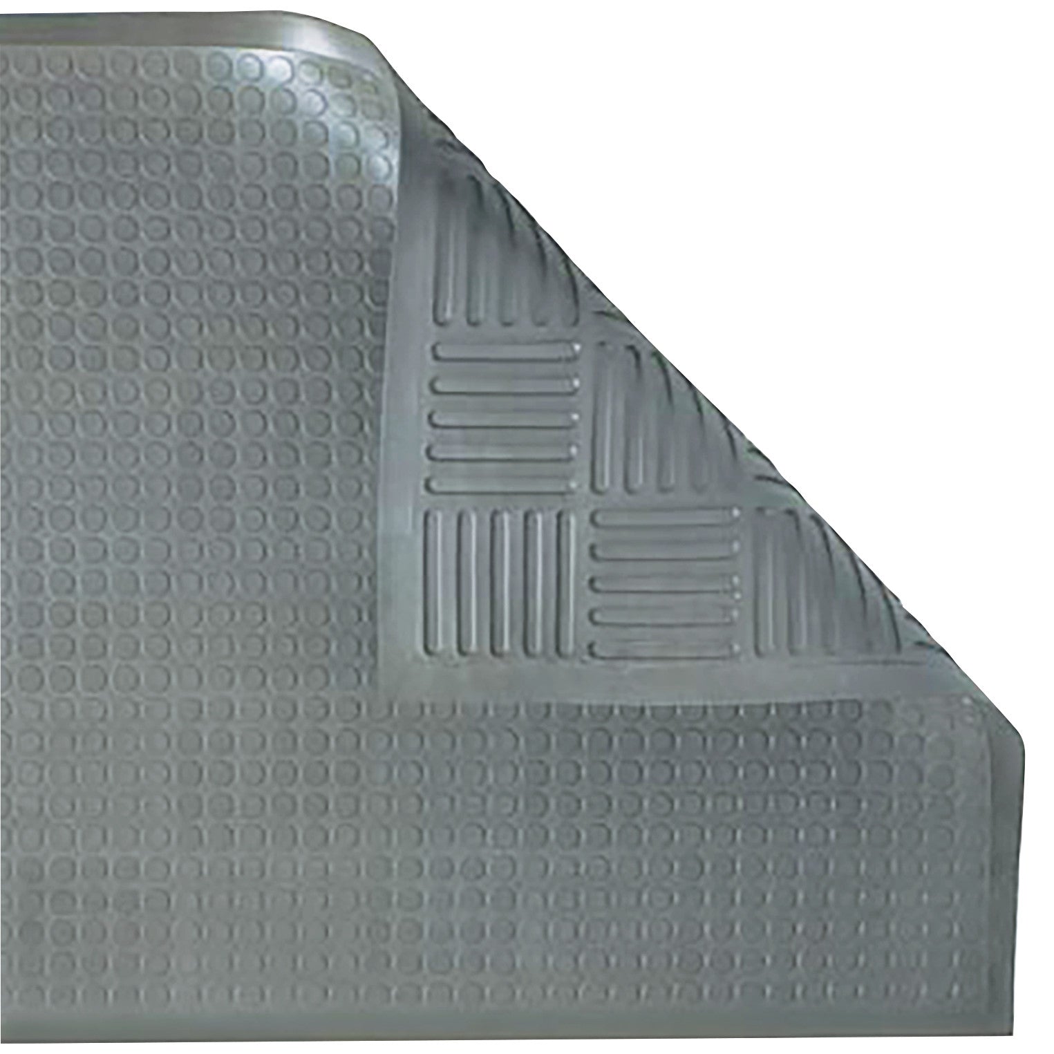 An ERGOMAT Basic Bubble Anti-Fatigue Mat, featuring a corner flipped to reveal a textured underside with grooves.