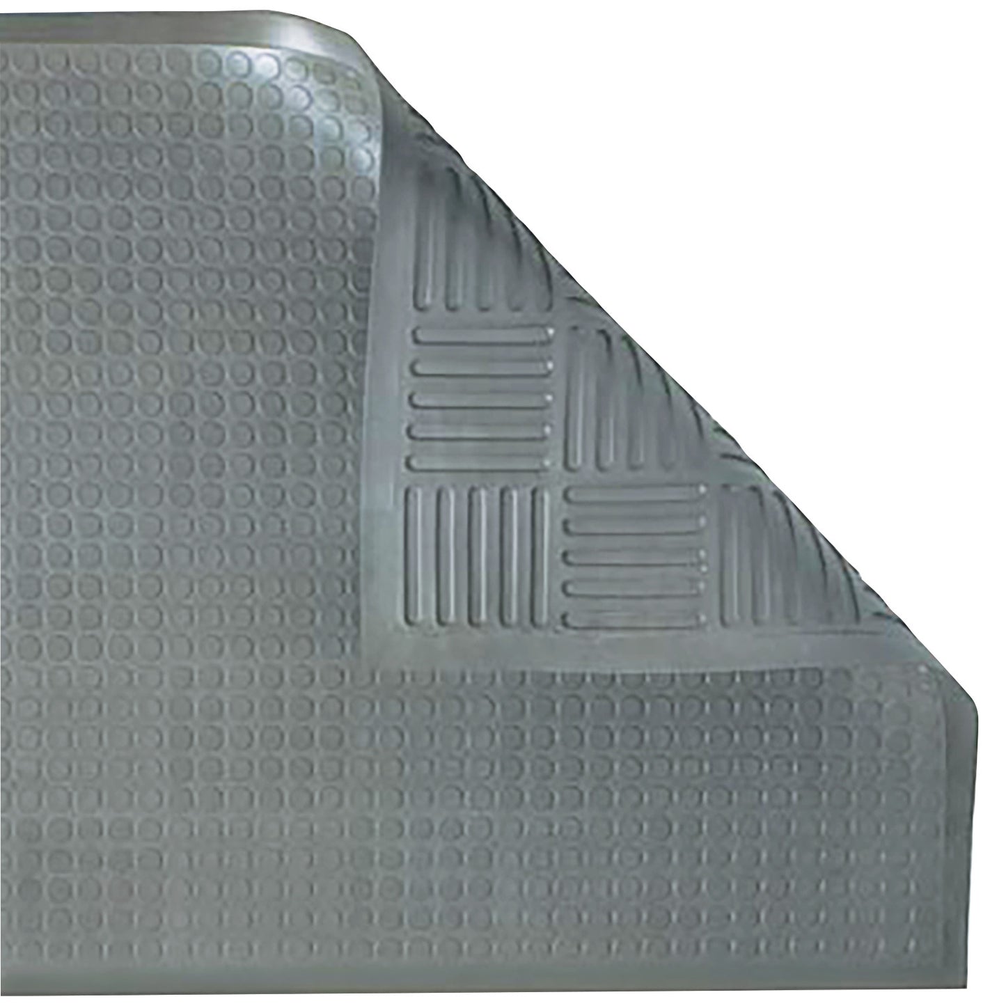 An ERGOMAT Basic Bubble Anti-Fatigue Mat, featuring a corner flipped to reveal a textured underside with grooves.