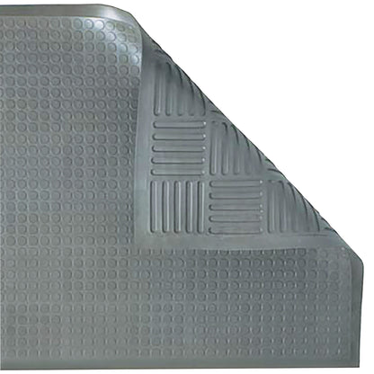An ERGOMAT Basic Bubble Anti-Fatigue Mat, featuring a corner flipped to reveal a textured underside with grooves.