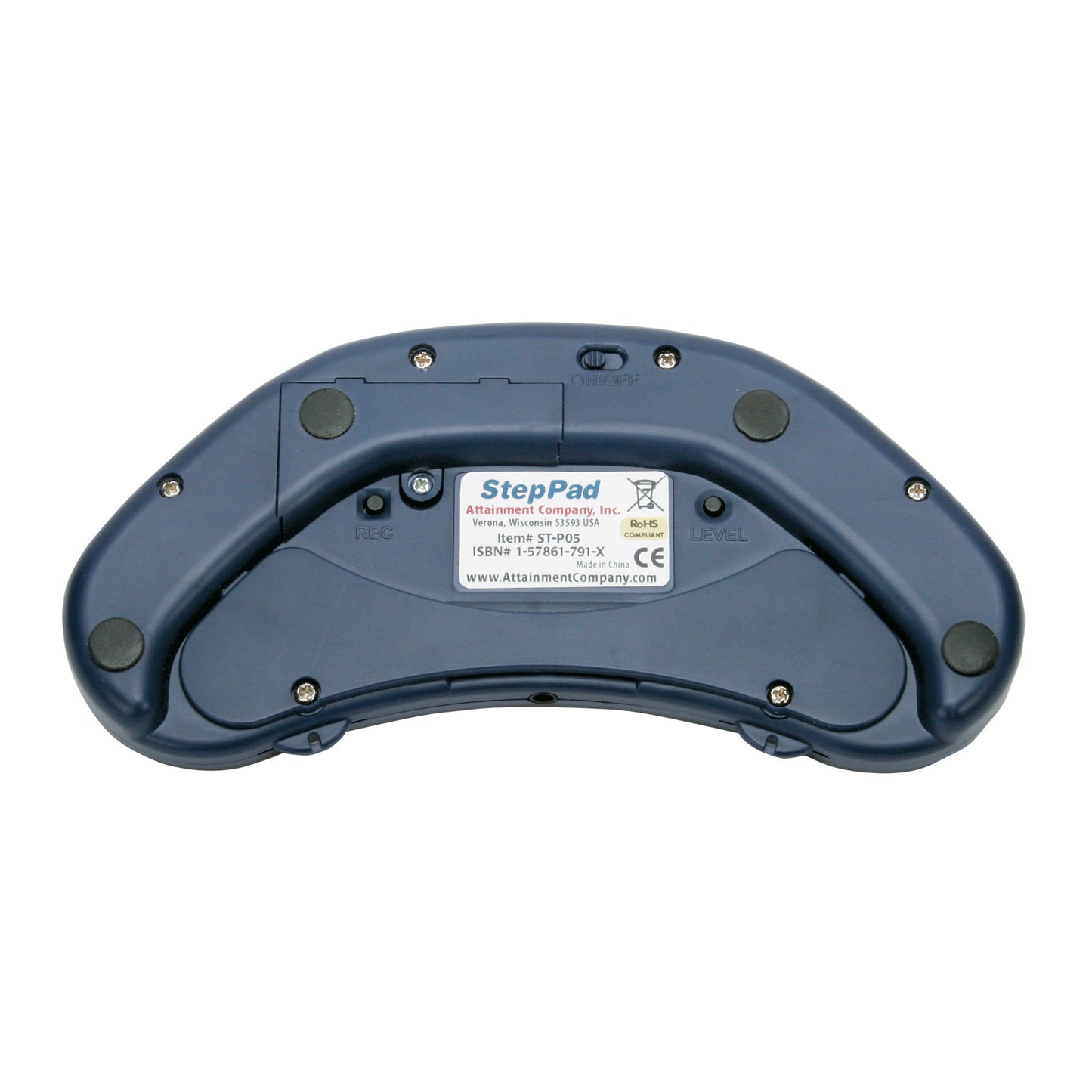 The back view of a StepPad Communication Device, featuring button labels, a sticker with details, and black rubber pads.