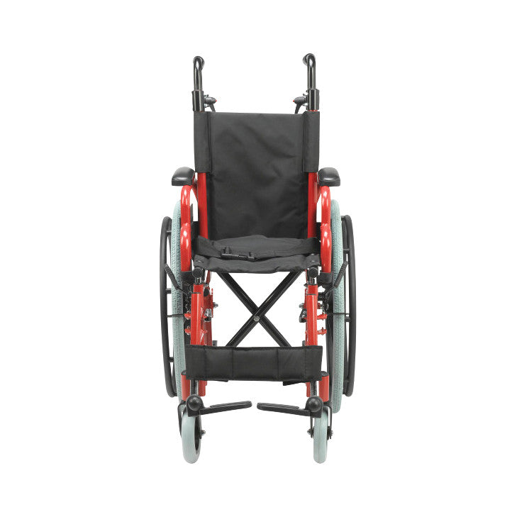 A Drive Medical Wallaby Pediatric Wheelchair with a red frame and black seat, viewed from the front.