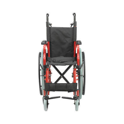 A Drive Medical Wallaby Pediatric Wheelchair with a red frame and black seat, viewed from the front.