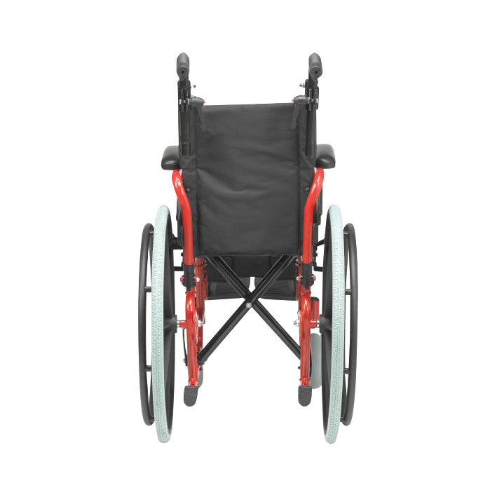 Rear view of a Drive Medical Wallaby Pediatric Wheelchair with red frame, black seat, and large rear wheels.