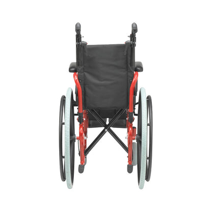 Rear view of a Drive Medical Wallaby Pediatric Wheelchair with red frame, black seat, and large rear wheels.