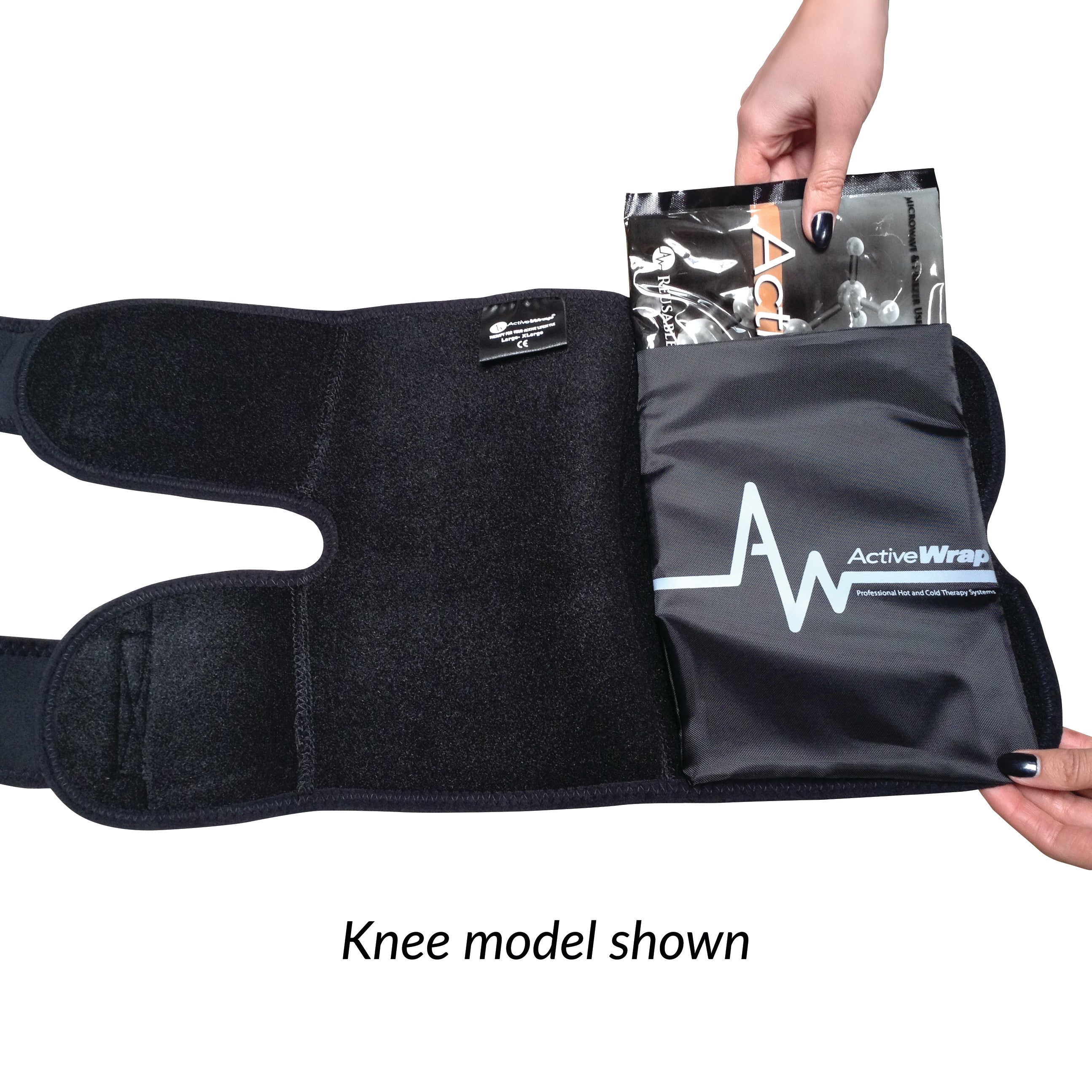 ActiveWrap knee model shown with a hand inserting a cold/heat therapy pack into the wrap's pocket.