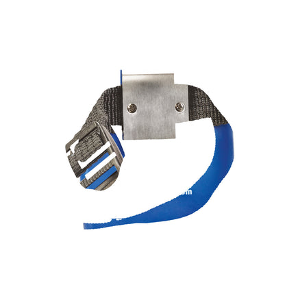 The back of an AliMed Worry-Free Sensor Alarm with a metal clip and adjustable black strap.