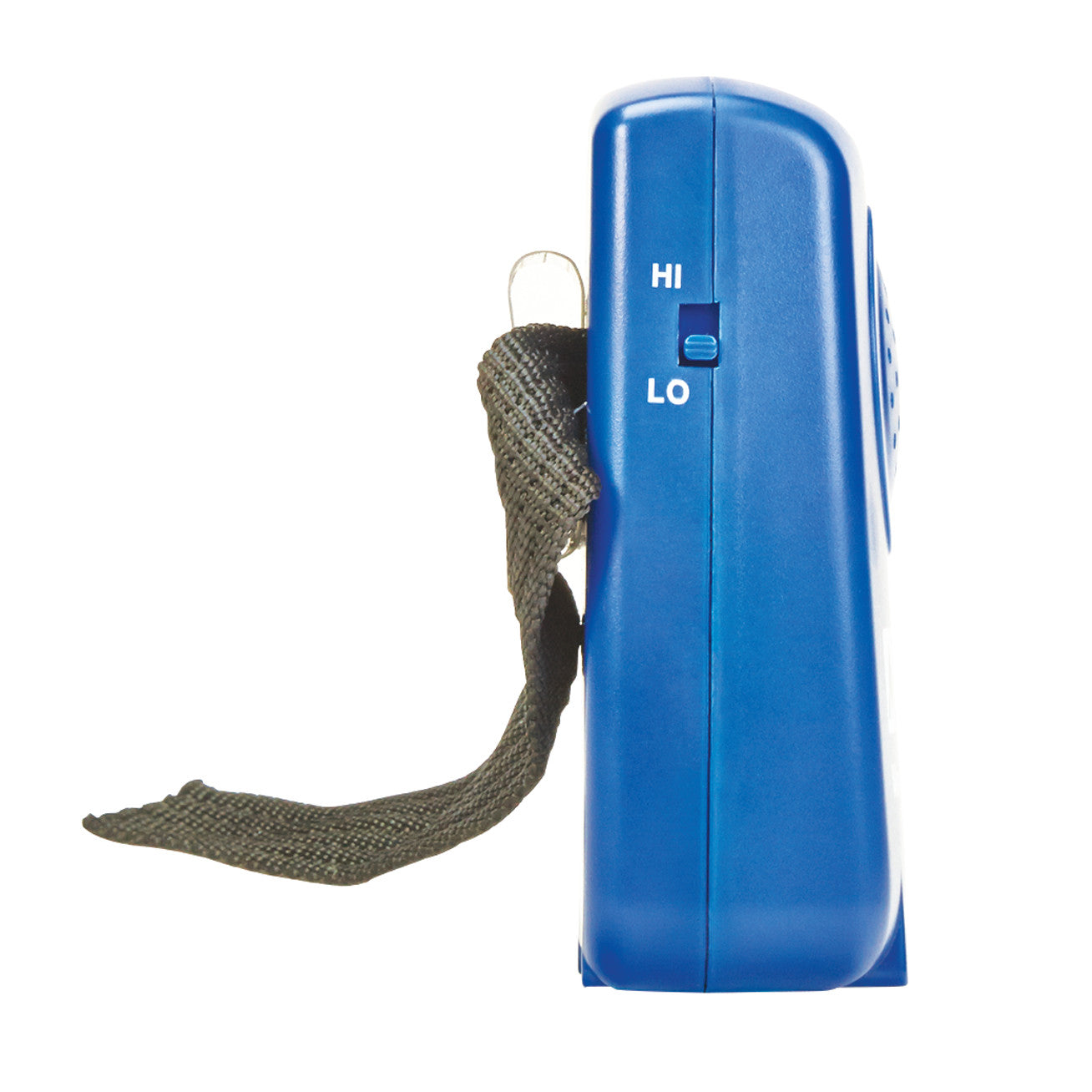 Side view of the AliMed Worry-Free Sensor Alarm in blue, showing a HI-LO switch and attached fabric strap.