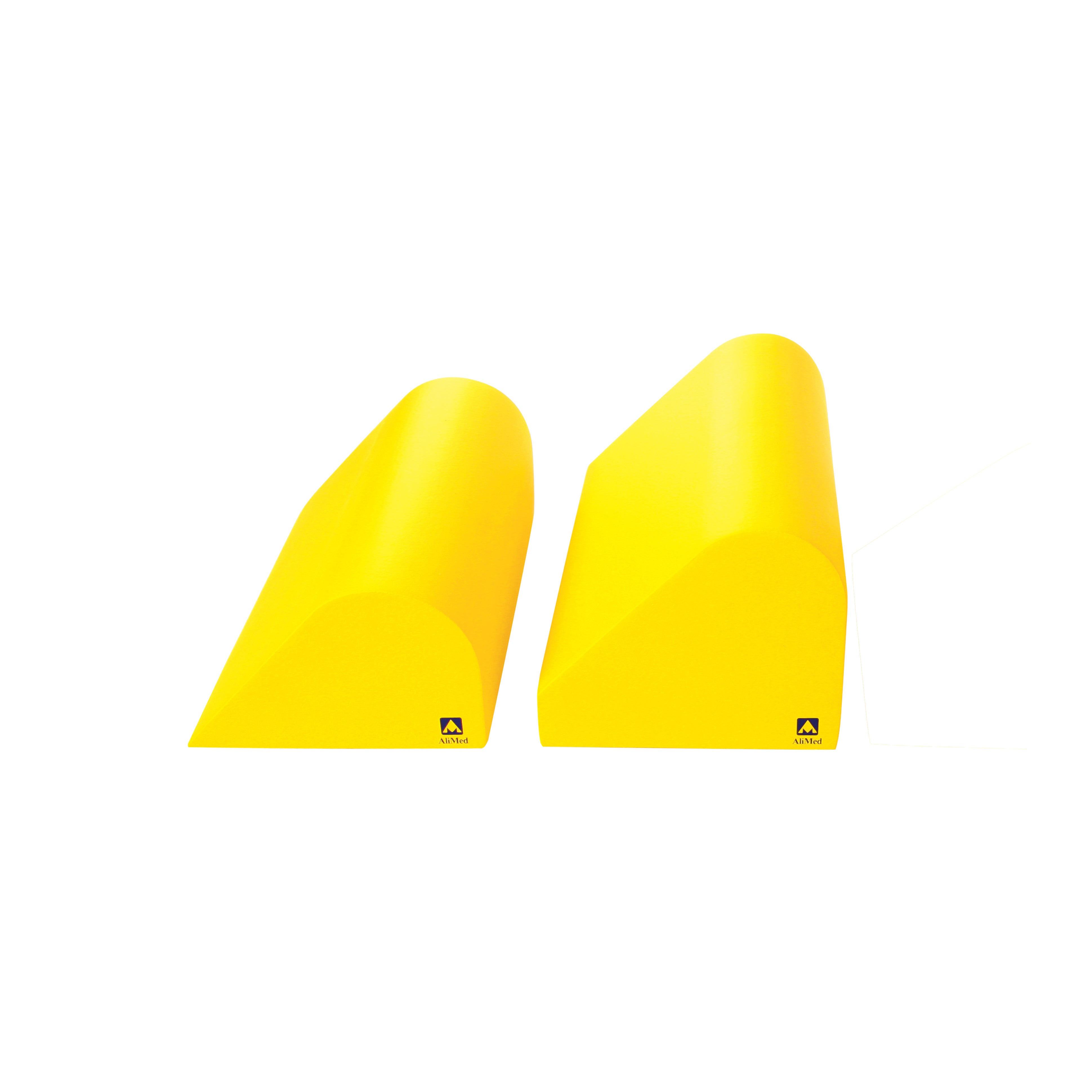 Two yellow AliMed Protecta-Coat Standard Knee Bolsters shown side by side on a white background.