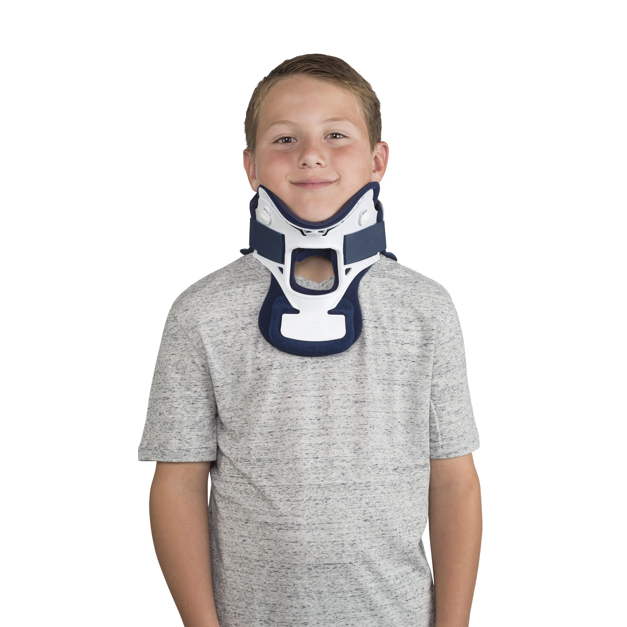 A young person wearing a Miami Jr. Cervical Collar. It's a blue and white medical neck brace, against a plain white background.