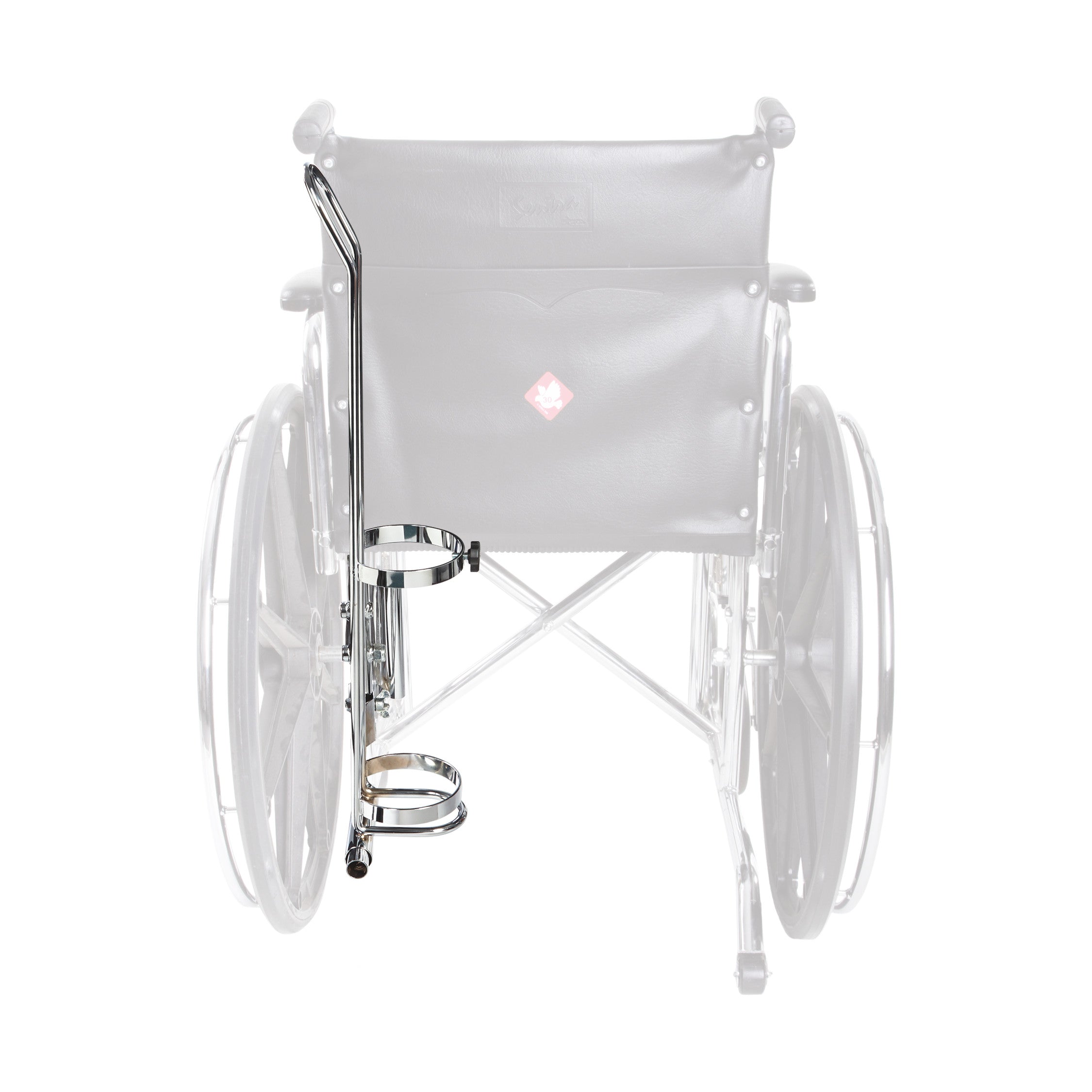 An Oxygen Tank Holder for Wheelchair attached to the rear of a transparent wheelchair. The holder is metallic.