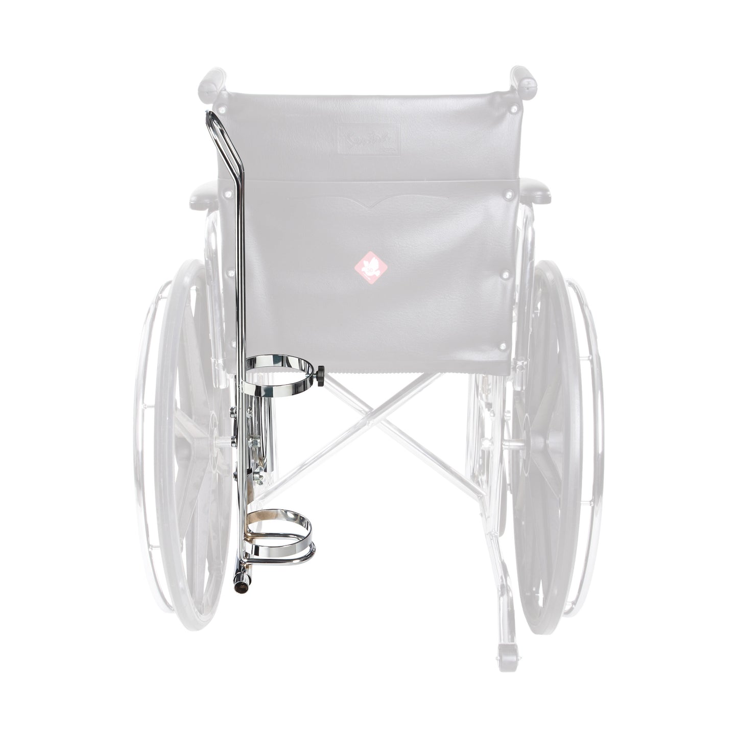 An Oxygen Tank Holder for Wheelchair attached to the rear of a transparent wheelchair. The holder is metallic.