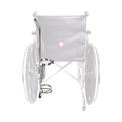An Oxygen Tank Holder for Wheelchair attached to the rear of a transparent wheelchair. The holder is metallic.