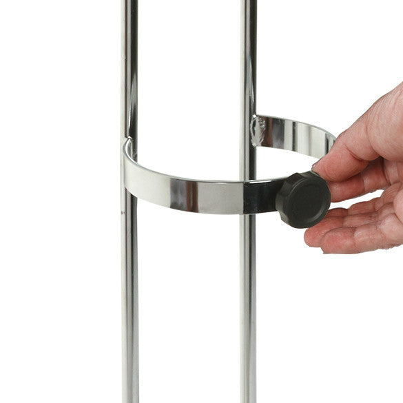 A hand adjusts the Oxygen Tank Holder for Wheelchair, made of chrome with a black knob for securing an oxygen tank.