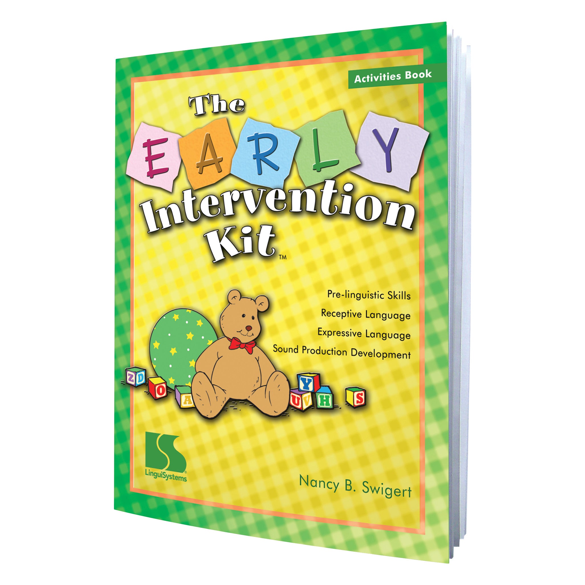 Cover of "The Early Intervention Kit" by Nancy B. Swigert. Features a bear toy, blocks, and mentions language skills development.