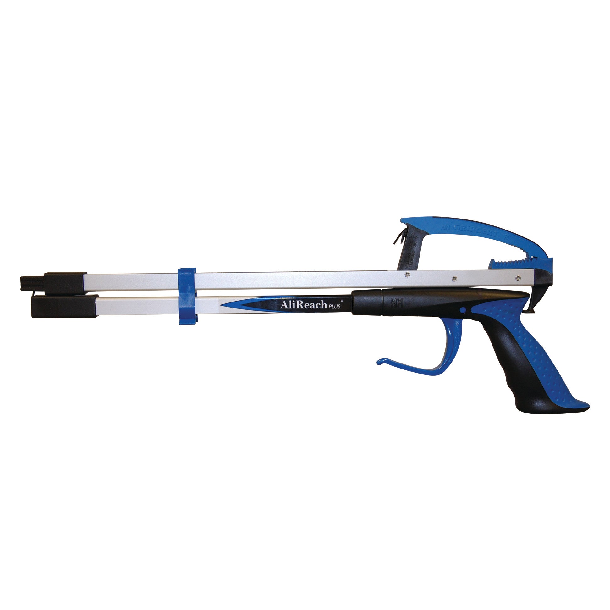The AliMed AliReach Plus Folding Standard Reacher, a blue and silver handheld grabber with a black ergonomic handle.
