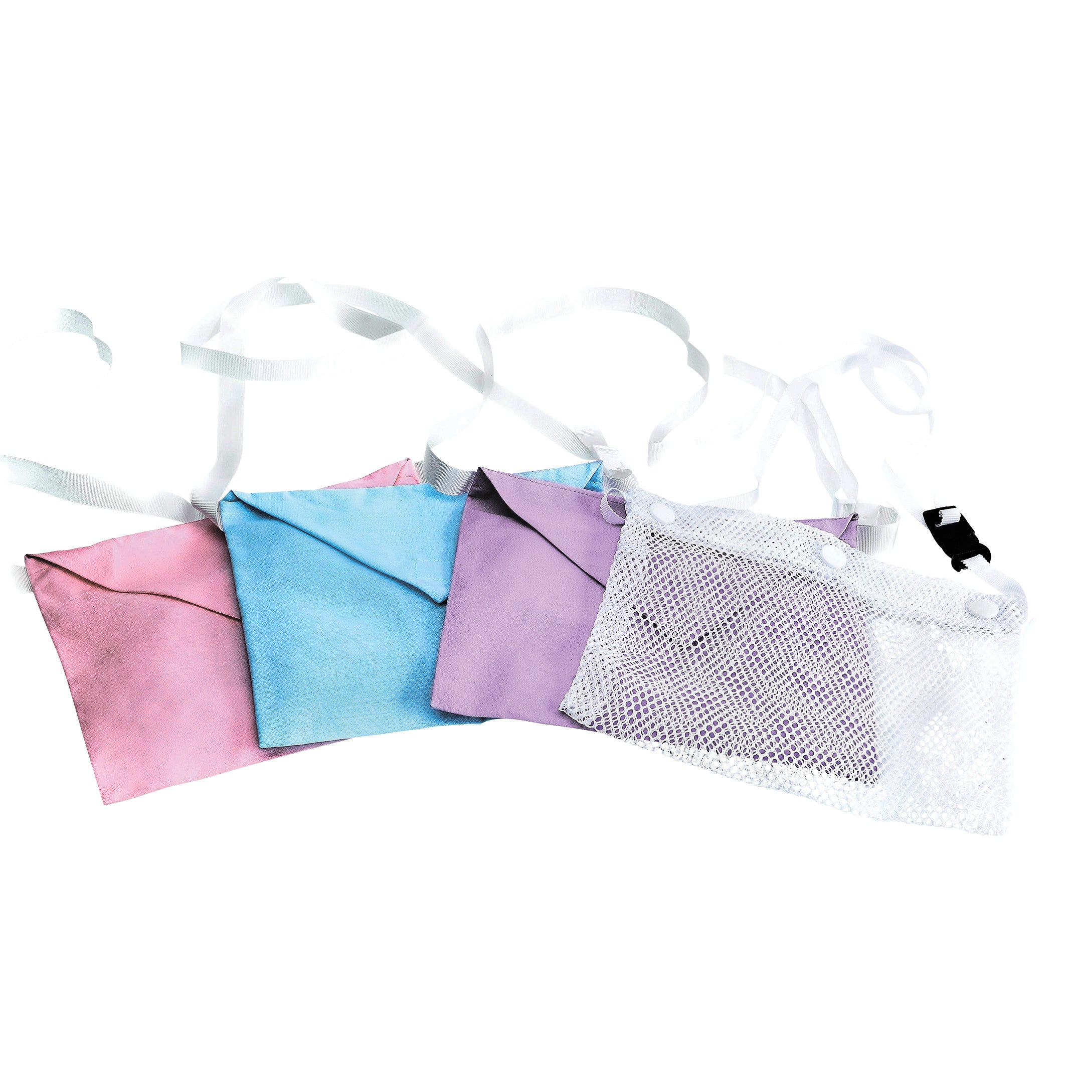 Four Expand-A-Band Drain Pouches in pink, blue, and purple fabric, and a white mesh, with white straps are lined up.