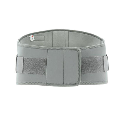The Swede-O Thermal Lumbar Support, a gray adjustable back brace with straps for lumbar support.