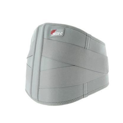 A Swede-O Thermal Lumbar Support in gray, featuring adjustable elastic straps for back support and stability.