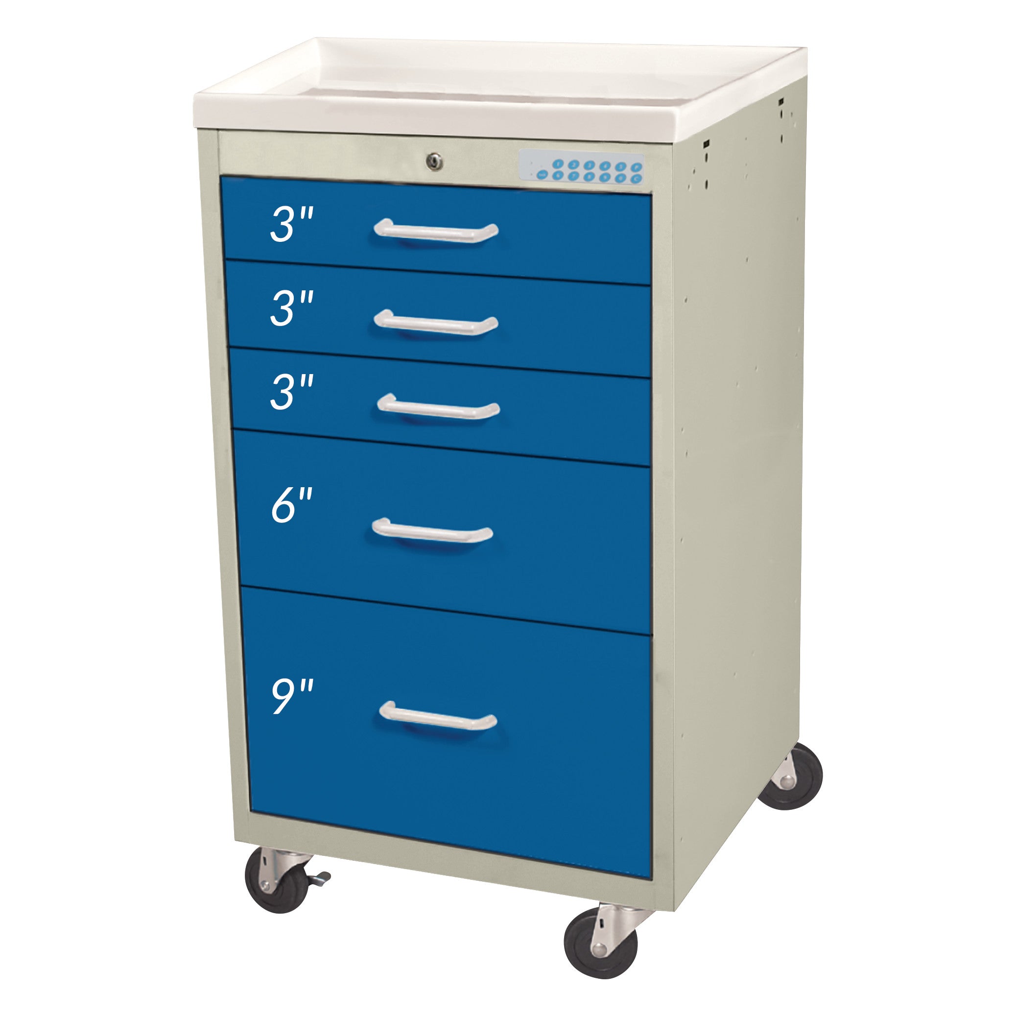 AliMed Mini Series 5-Drawer Anesthesia/Procedure Cart with Electronic Lock, features blue drawers with varying depths on wheels.