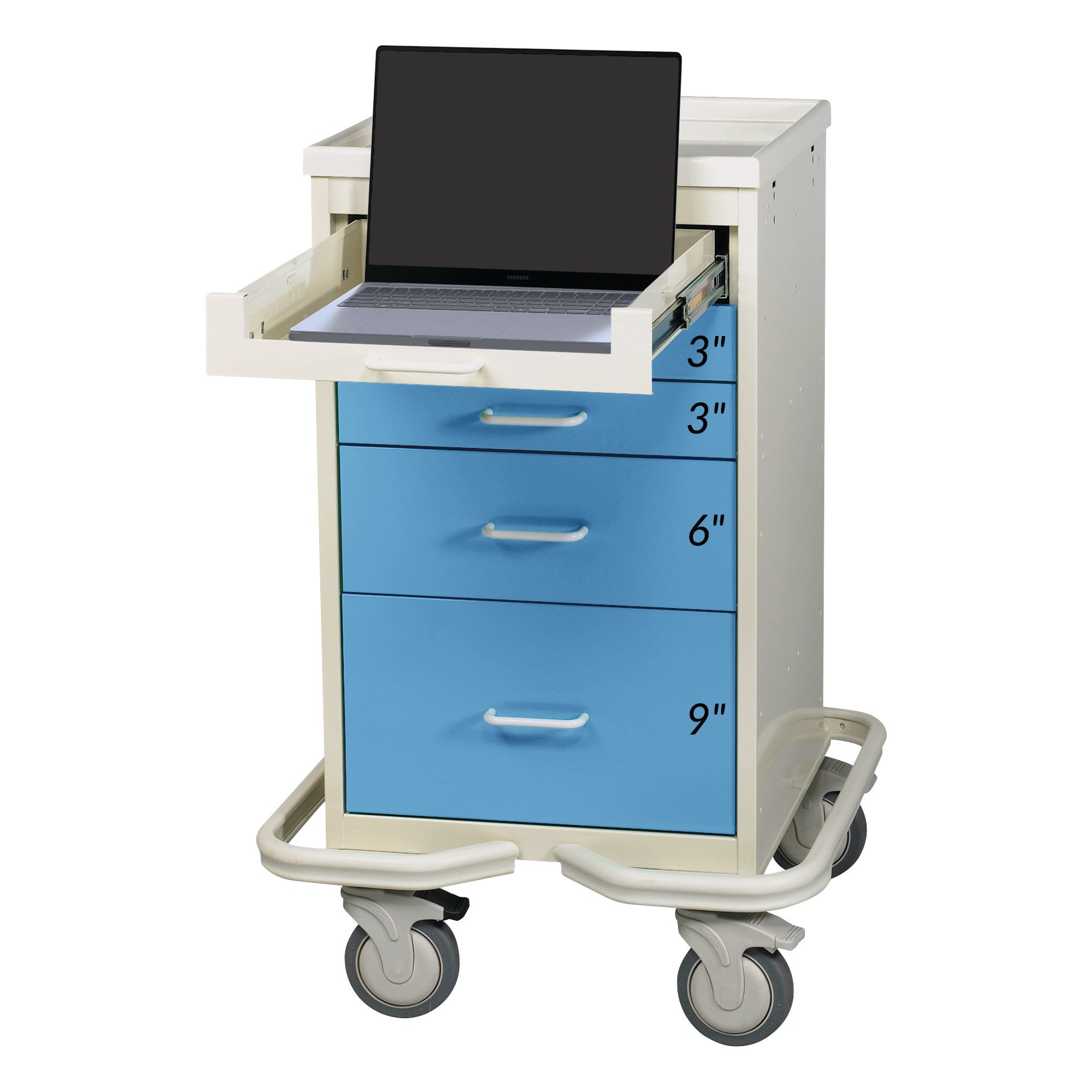 AliMed Mini Series 5-Drawer Computer Tower Cart with a laptop on the top drawer. It has blue drawers labeled with their depths.