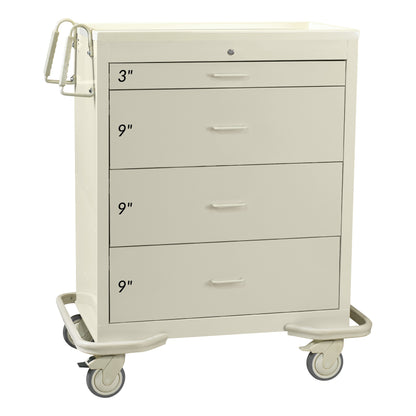 The AliMed Wide Series 4-Drawer Isolation Cart with Electronic Lock. It has four drawers labeled 3' and 9', and wheels.