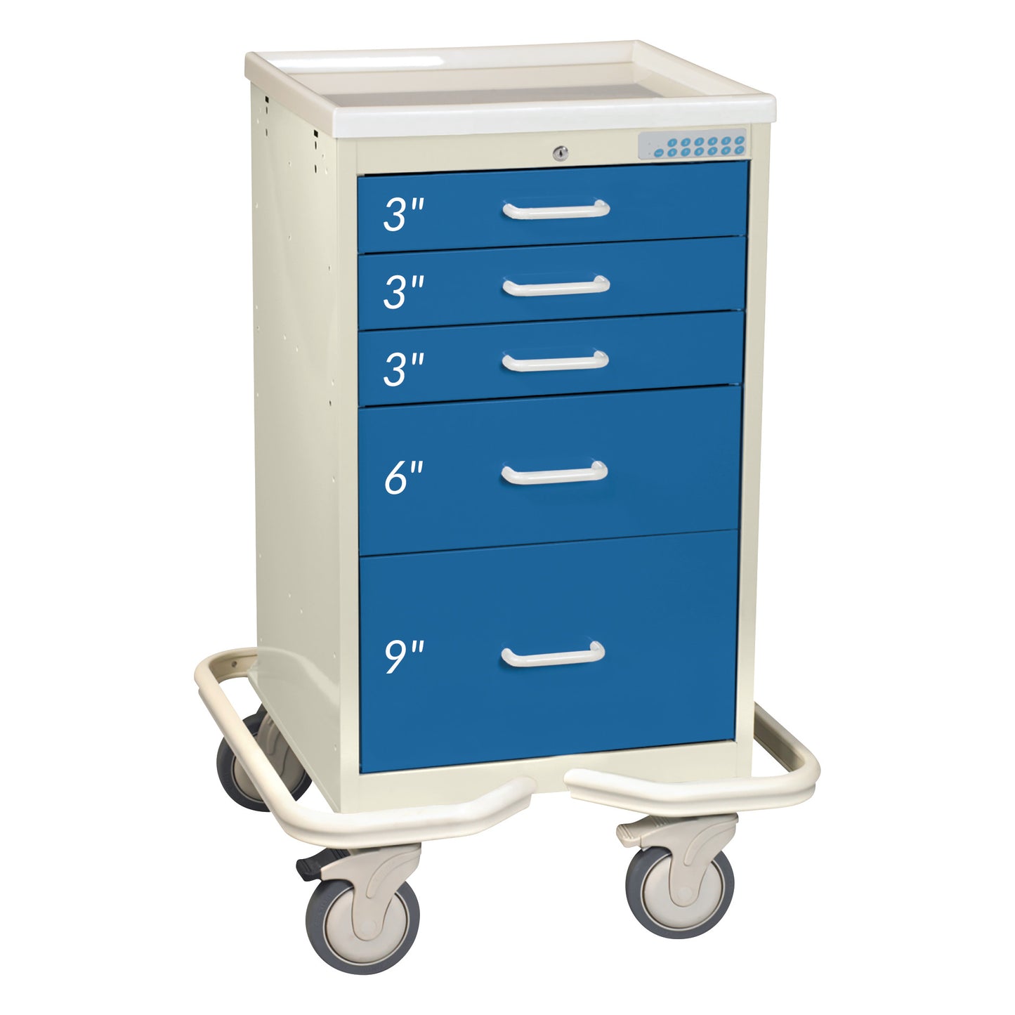 AliMed Mini Series 5-Drawer Anesthesia/Procedure Tower Cart with Electronic Lock featuring blue drawers labeled by size on wheels.