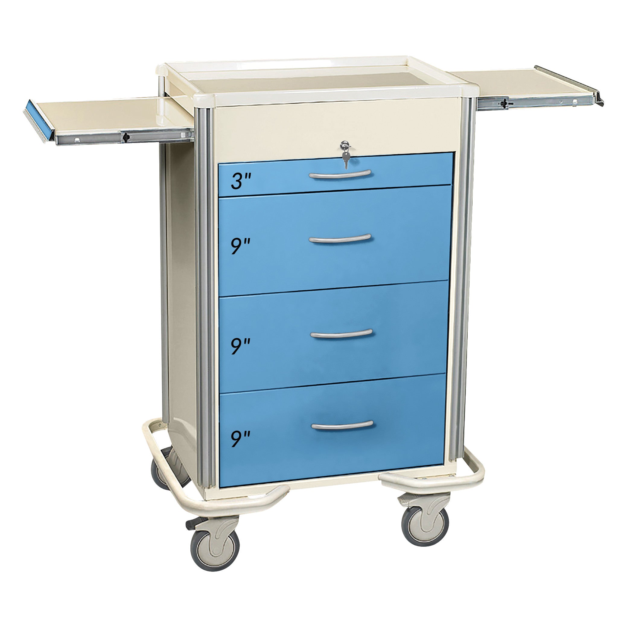AliMed Select Series 4-Drawer Isolation Cart with Key Lock features one 3' and three 9' blue drawers, and two pull-out trays.