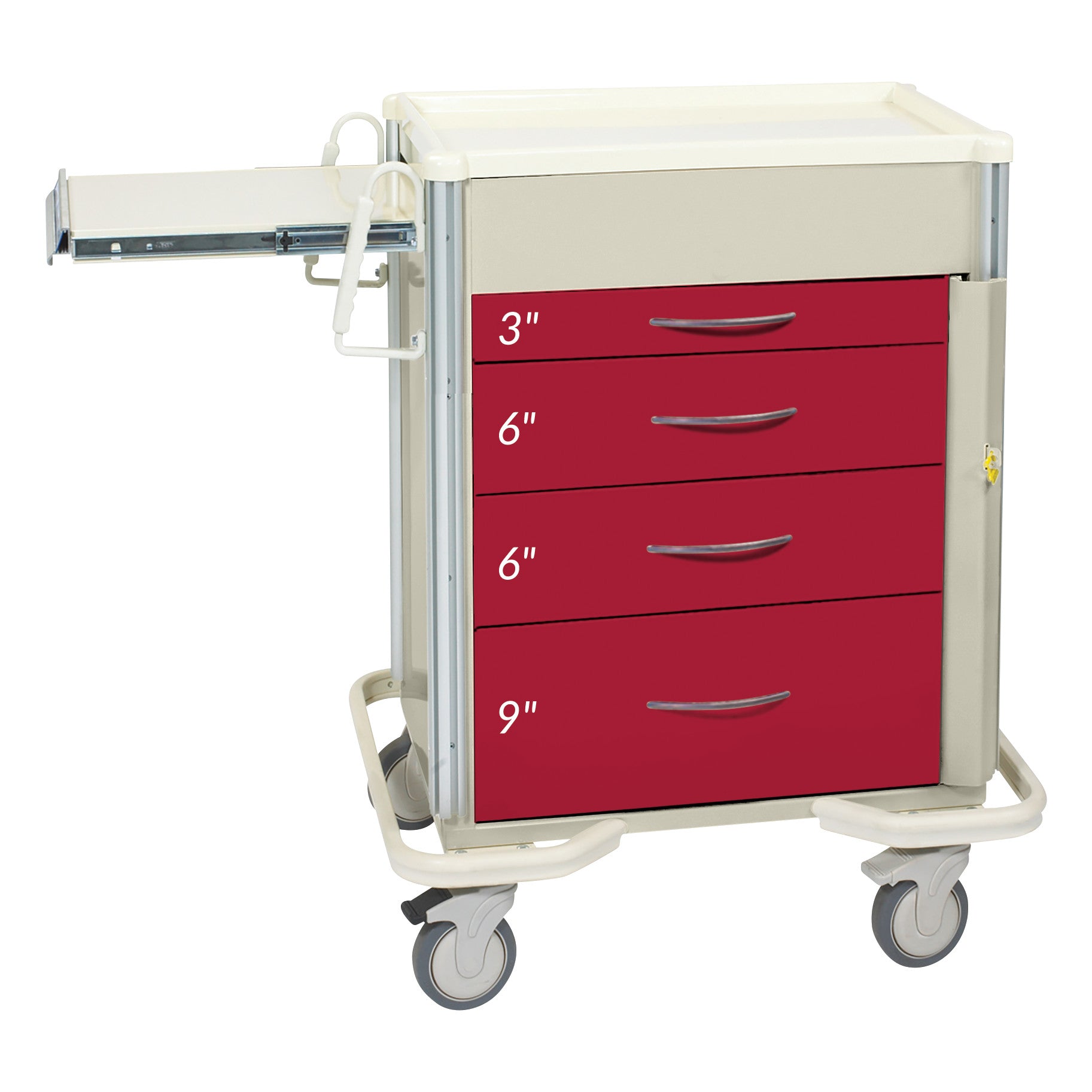 The AliMed Select Series 4-Drawer Emergency Cart features red drawers labeled 3", 6", 6", and 9". It has wheels and a side tray.