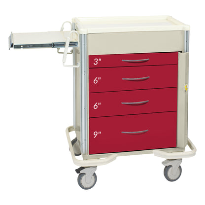 The AliMed Select Series 4-Drawer Emergency Cart features red drawers labeled 3", 6", 6", and 9". It has wheels and a side tray.