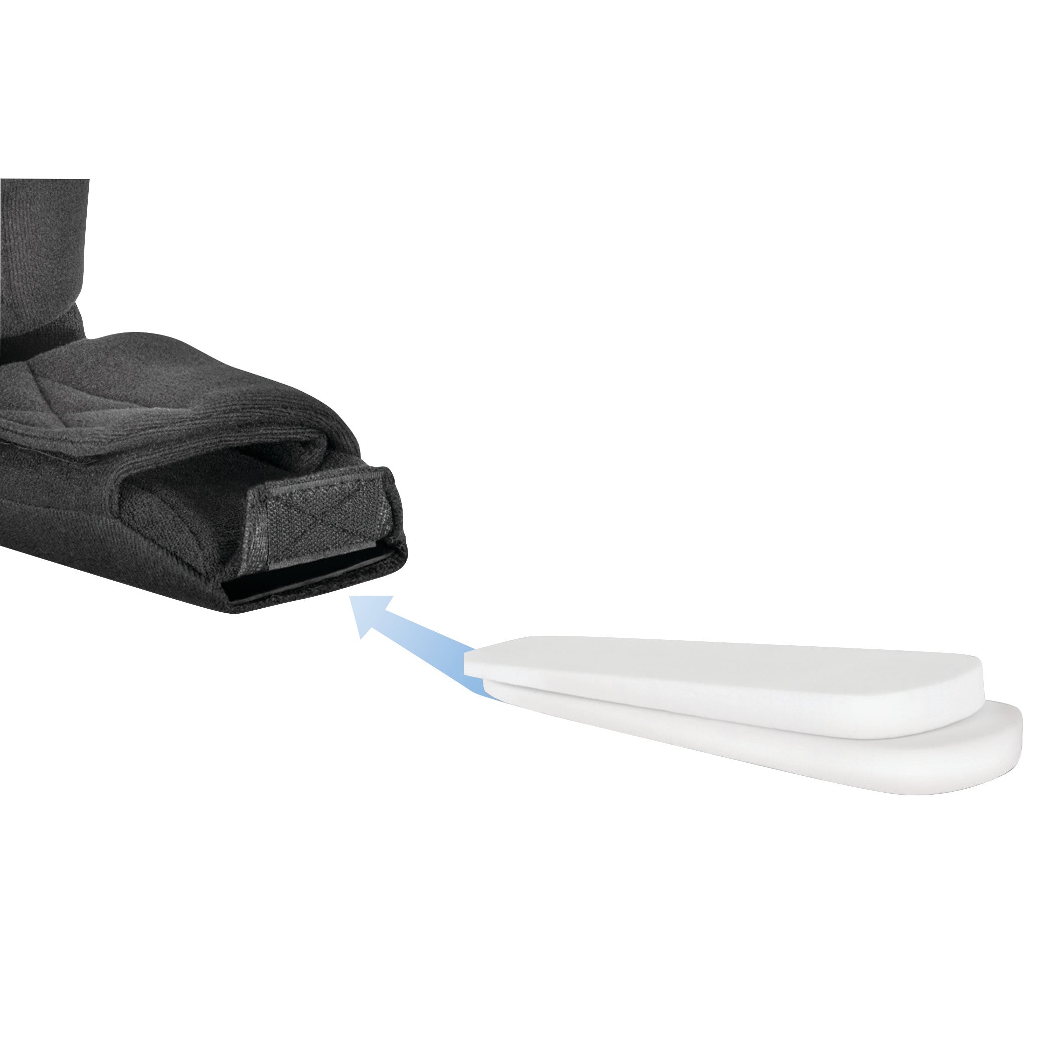 A DARCO Night Splint Wedge, with a black foot splint and removable white foam wedges, indicated by an arrow.