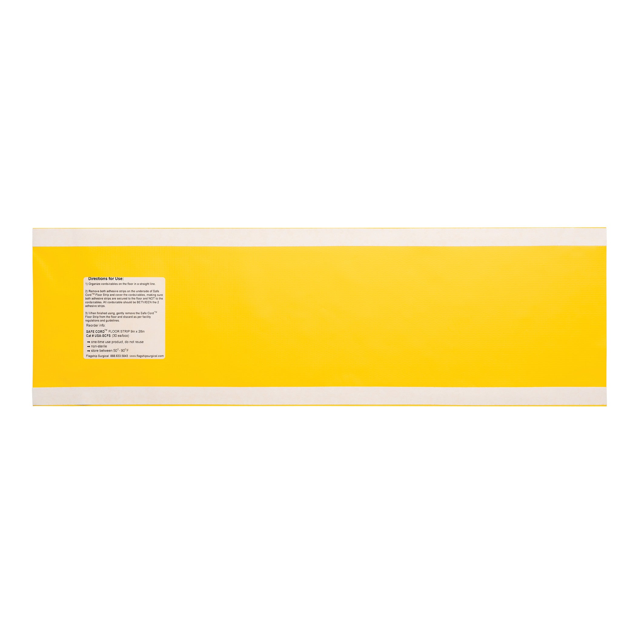 A Flagship Surgical Safe Cord Floor Strip in bright yellow with white edges and a label with instructions.