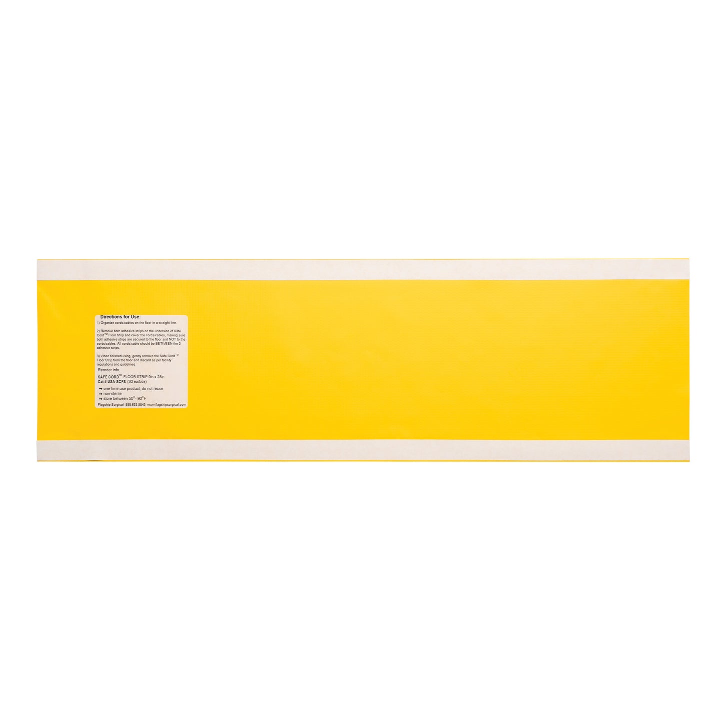 A Flagship Surgical Safe Cord Floor Strip in bright yellow with white edges and a label with instructions.