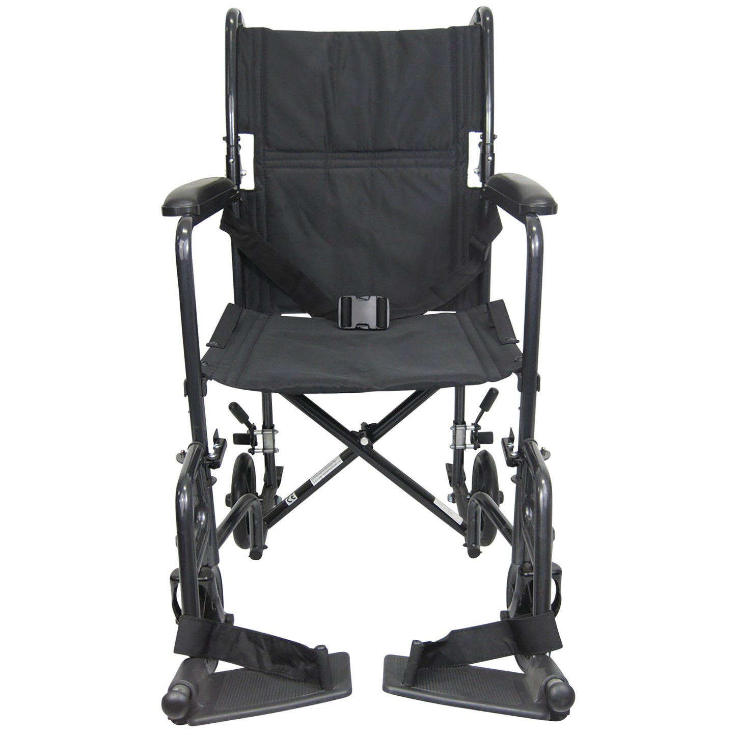 A Karman T-2000 Series Lightweight Transport Chair with a black frame and fabric, featuring armrests and footrests.