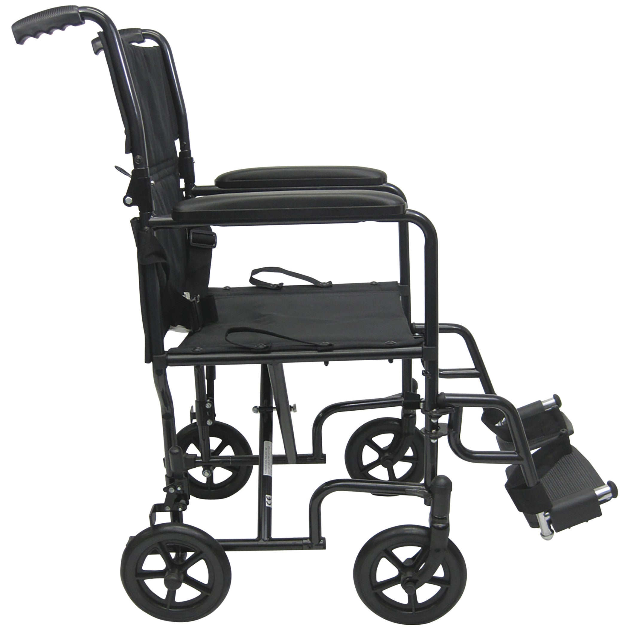 Side view of the Karman T-2000 Series Lightweight Transport Chair, featuring a black frame, padded seat, and four small wheels.