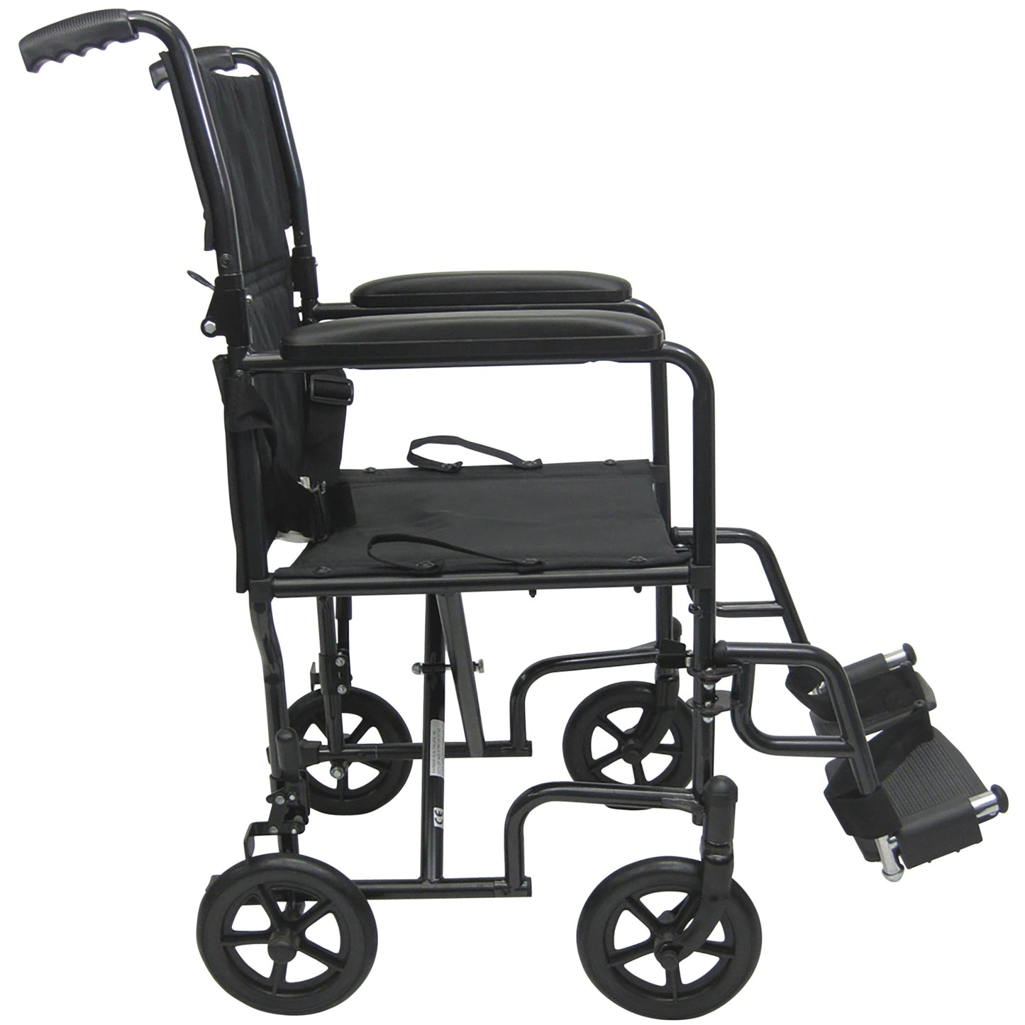 Side view of the Karman T-2000 Series Lightweight Transport Chair, featuring a black frame, padded seat, and four small wheels.