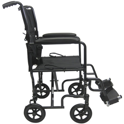 Side view of the Karman T-2000 Series Lightweight Transport Chair, featuring a black frame, padded seat, and four small wheels.