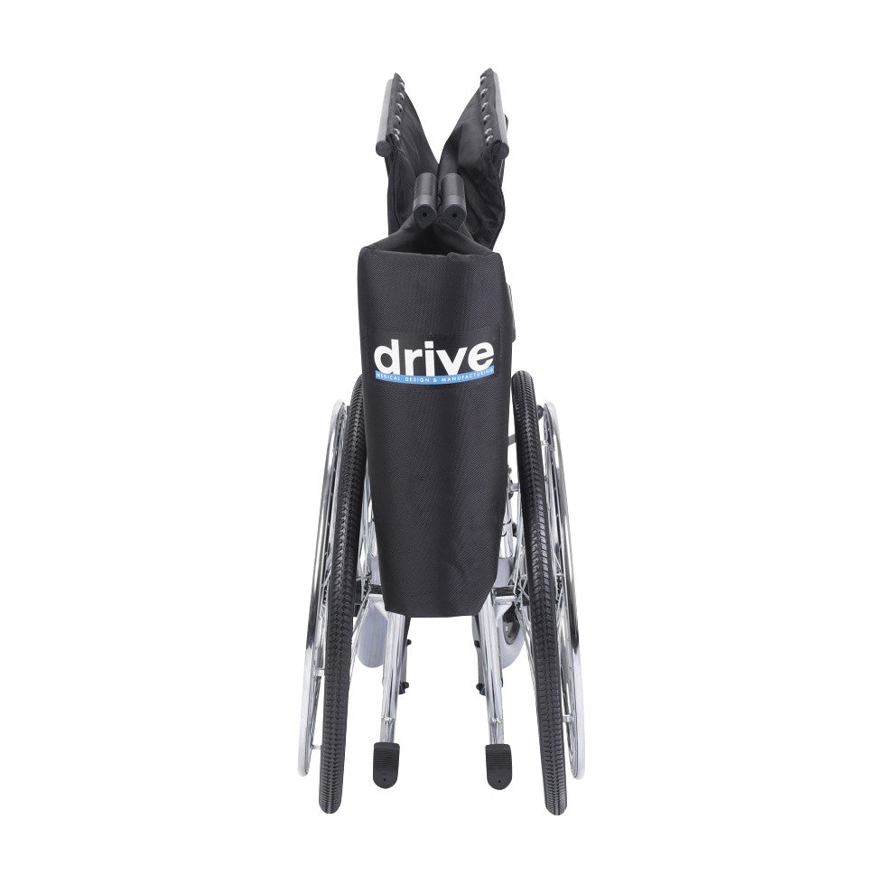 A folded Drive Medical Sentra EC Heavy-Duty Extra-Wide Wheelchair, viewed from the front, displaying its compact design.