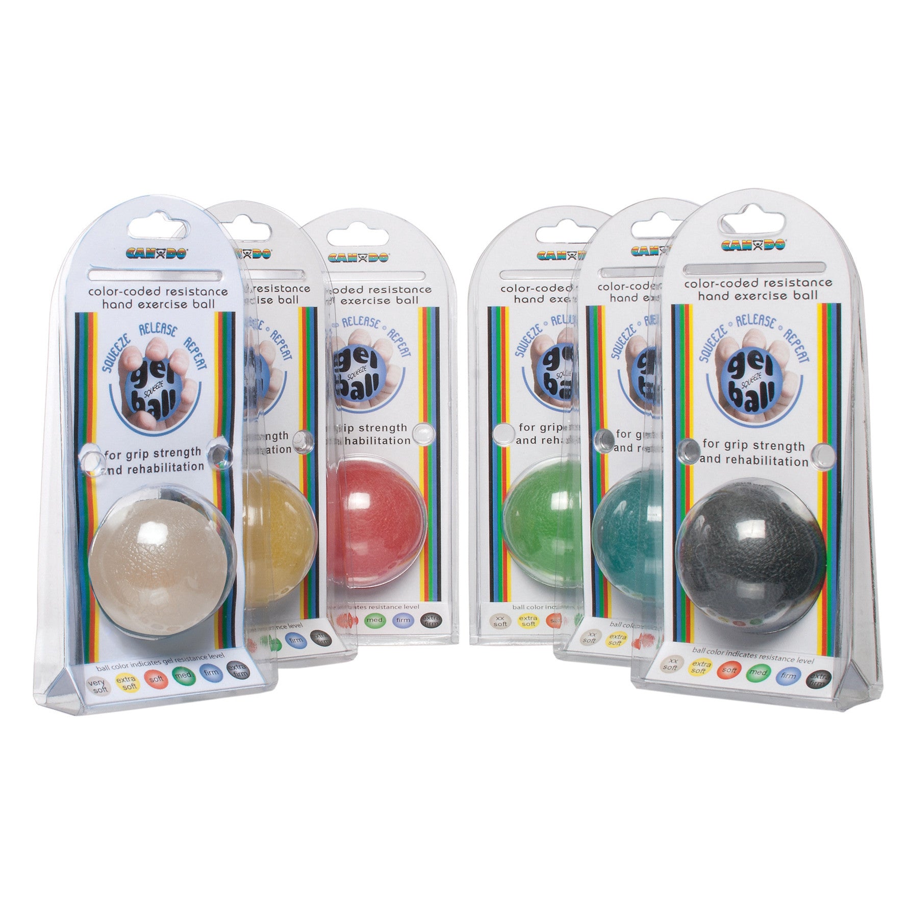 Five CanDo Gel Squeeze Balls in different colors are packaged for display, used for grip strength and rehabilitation exercises.
