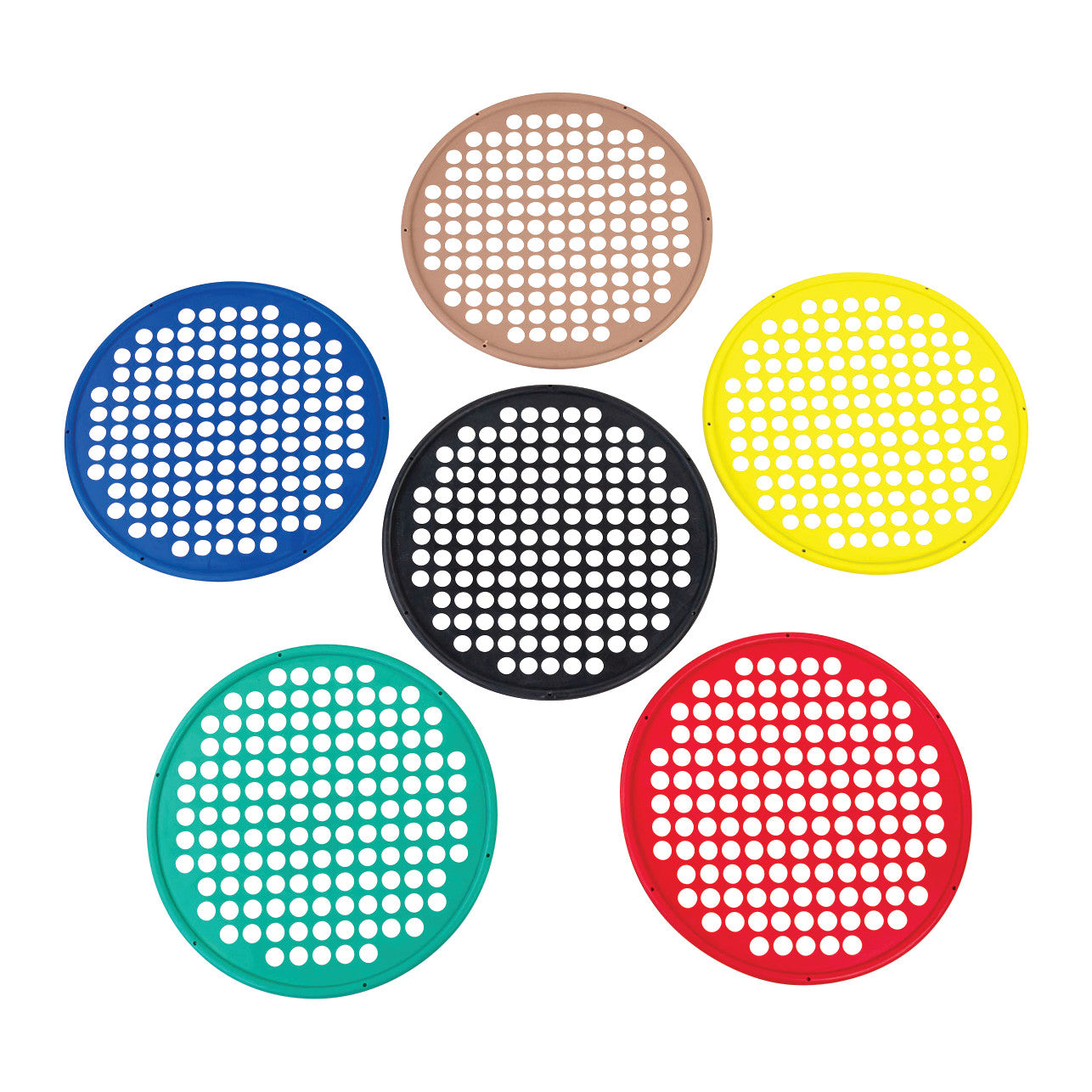 Six CanDo Hand Exercise Webs in blue, tan, yellow, green, black, and red, with circular and perforated designs.