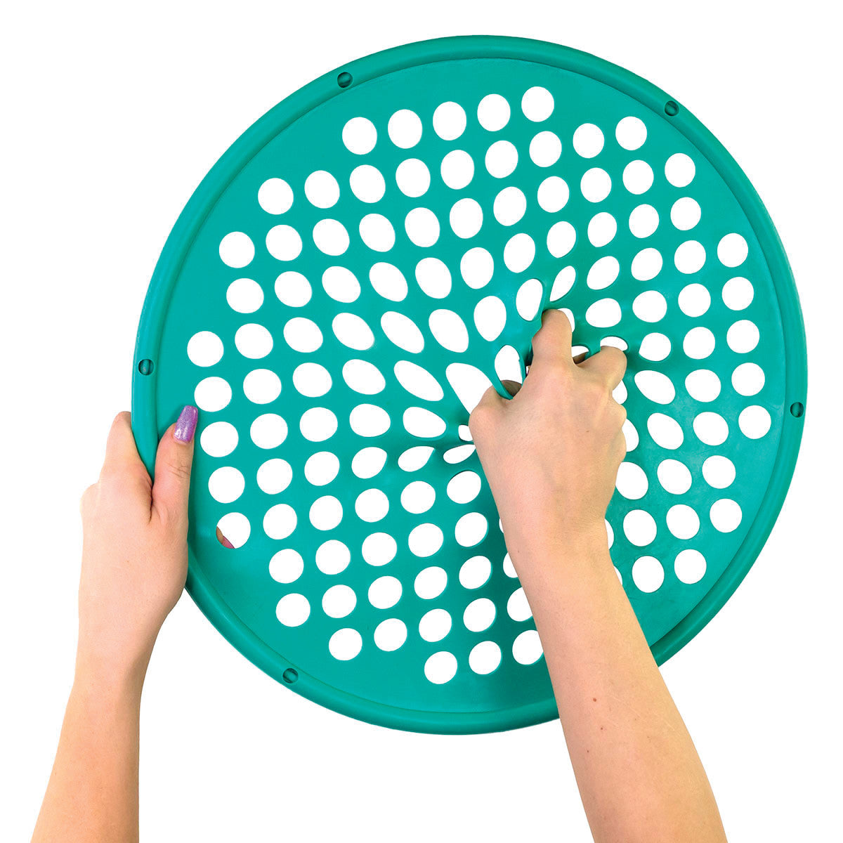 Two hands manipulate a teal CanDo Hand Exercise Web with circular holes for resistance training.