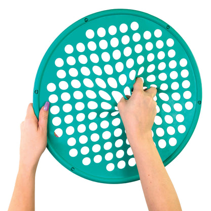 Two hands manipulate a teal CanDo Hand Exercise Web with circular holes for resistance training.