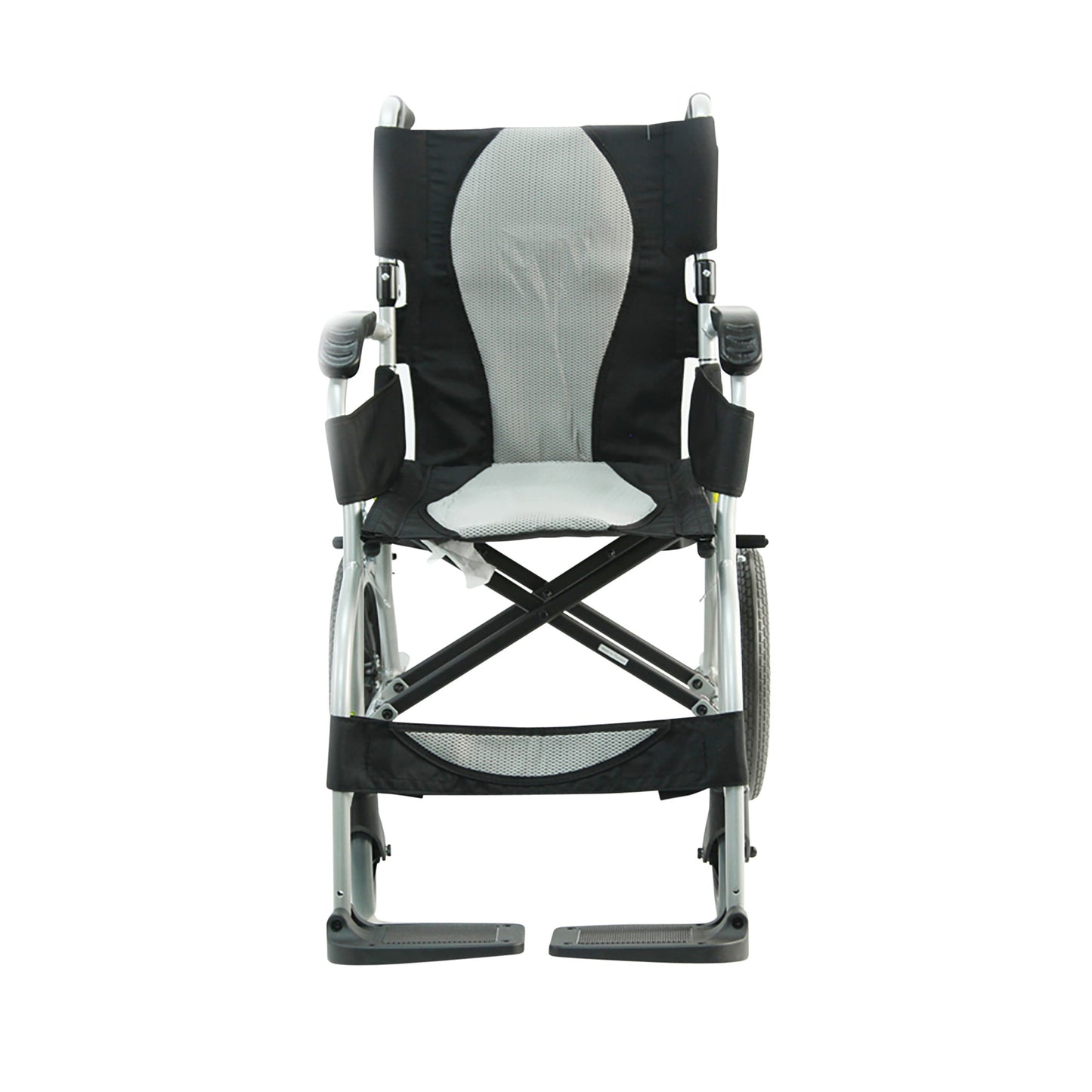The Karman ERGO-LITE S-2501 Transport Wheelchair is shown from the front, featuring a lightweight frame and foldable footrests.