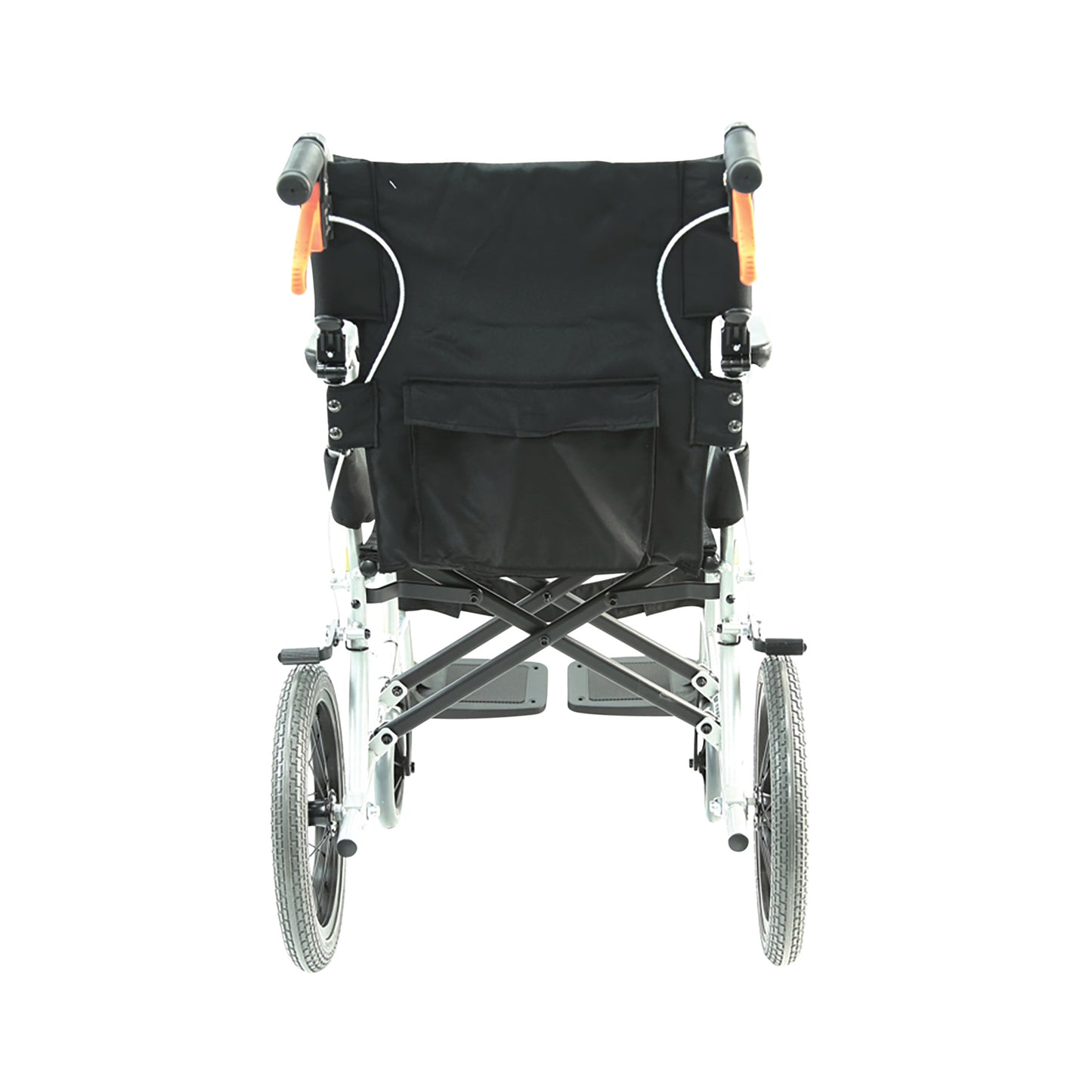 Rear view of a Karman ERGO-LITE S-2501 Transport Wheelchair, featuring black fabric and ergonomic handles.